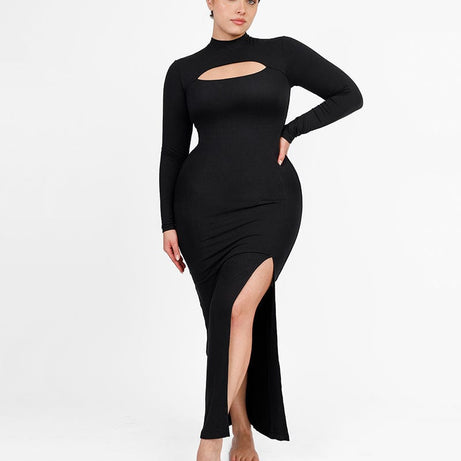 Cozy Ribbed High-Necked Maxi Shaping Dress